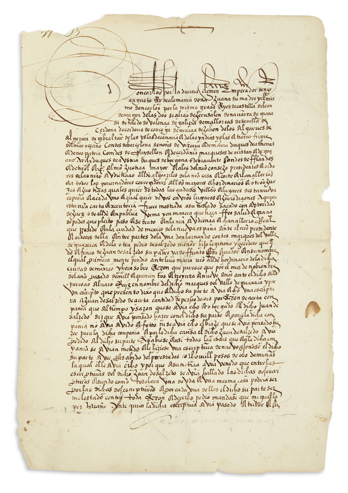 (MEXICAN MANUSCRIPTS.) Mendoza, Antonio de. Decree by the Viceroy of New Spain in a lawsuit against Hernán Cortés.